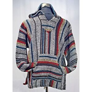 Baja Joe Men Striped Woven Drug Rug Hoodie Mexican Poncho Multi Color Small